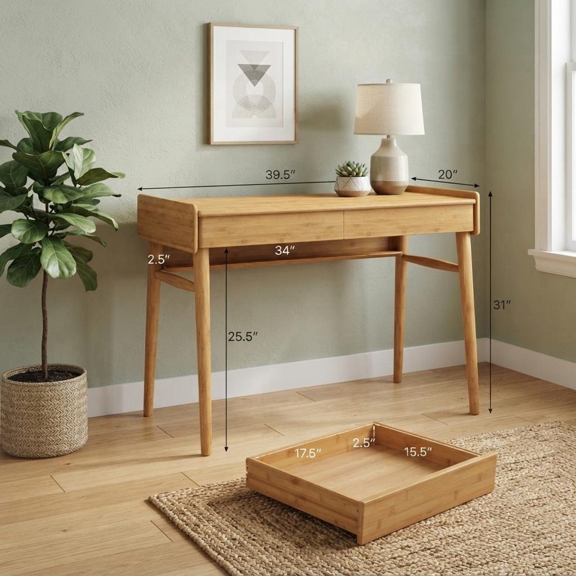 Mid-Century Modern Bamboo Computer Desk with Storage & Cable Management