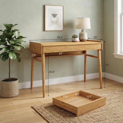 Mid-Century Modern Bamboo Computer Desk with Storage & Cable Management