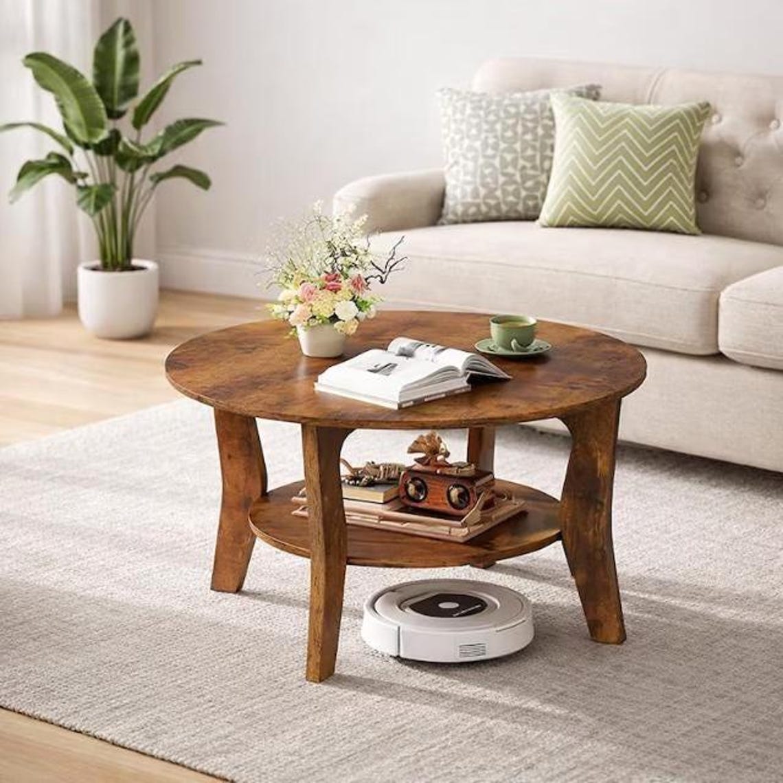 Rustic Round Coffee Table | 2 Tier Wood Living Room Table