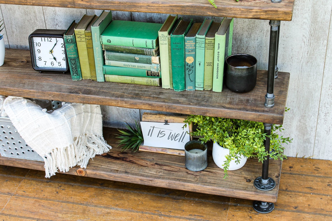 Steampunk book shelf, Industrial bookcase, Wooden Book Case, Wooden Book Shelf, Rustic book shelf, Steampunk tier stand, Pipe bookcase.