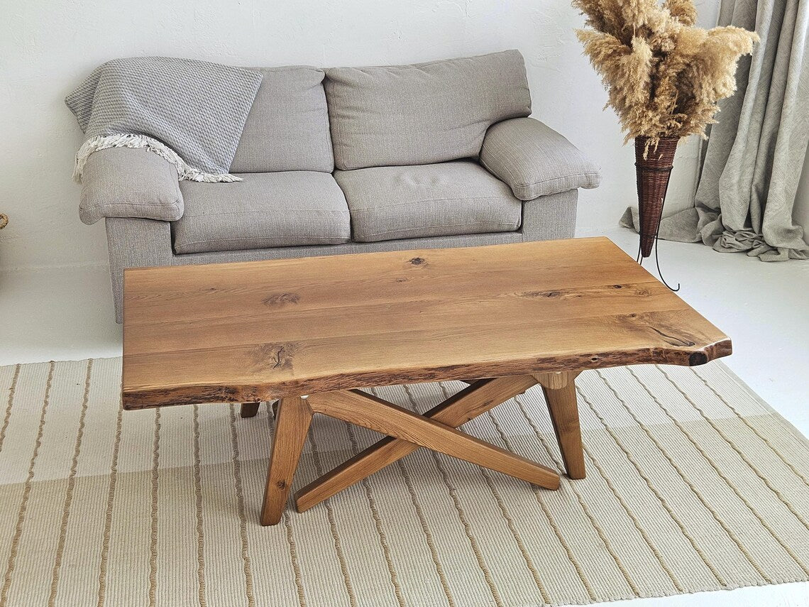 2-in-1 Solid Oak Live Edge Transformer Table – Coffee to Dining Table – Adjustable Height – Natural Wood – Handmade Convertible Table