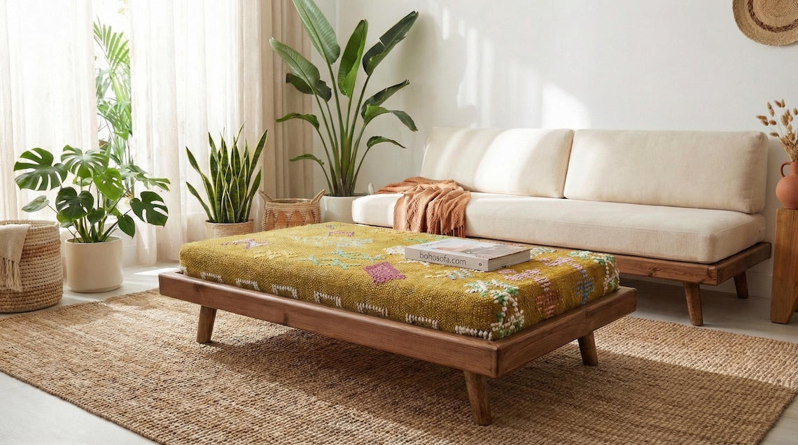 Green Moroccan Modular Bench & Coffee Table Geometric Kilim Fabric on Rustic Natural Wood Base with Cylindrical Legs more color choose