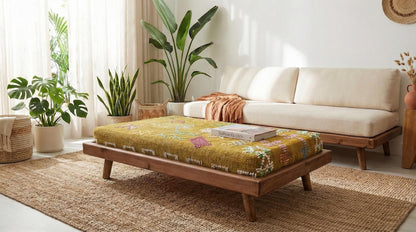 Green Moroccan Modular Bench & Coffee Table Geometric Kilim Fabric on Rustic Natural Wood Base with Cylindrical Legs more color choose