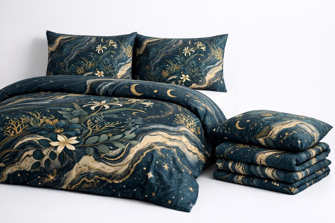 Celestial Botanical Duvet Cover Set – Dark Academia Navy Gold Bedding