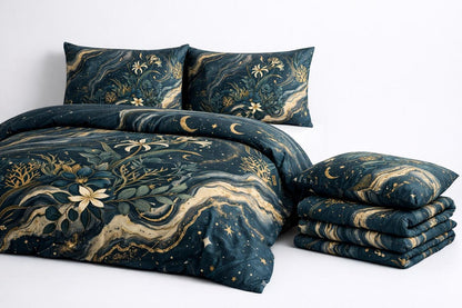 Celestial Botanical Duvet Cover Set – Dark Academia Navy Gold Bedding