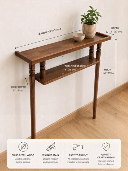 Rustic Narrow Console Table with Shelf; Handmade Solid Wood Entryway Table