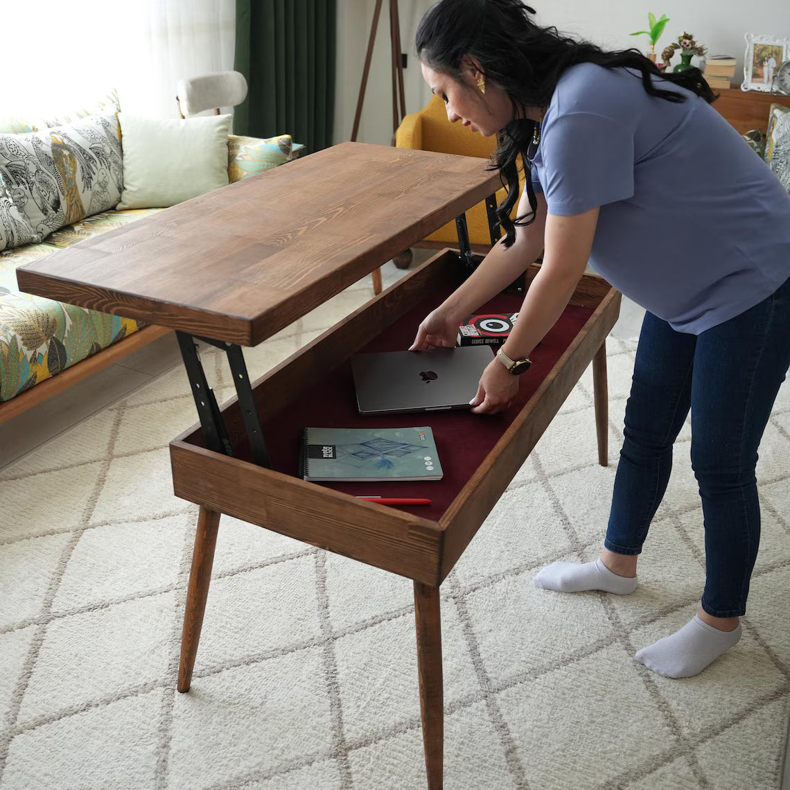 Lift Top Wood Coffee Table with Storage, Modern Smart Table