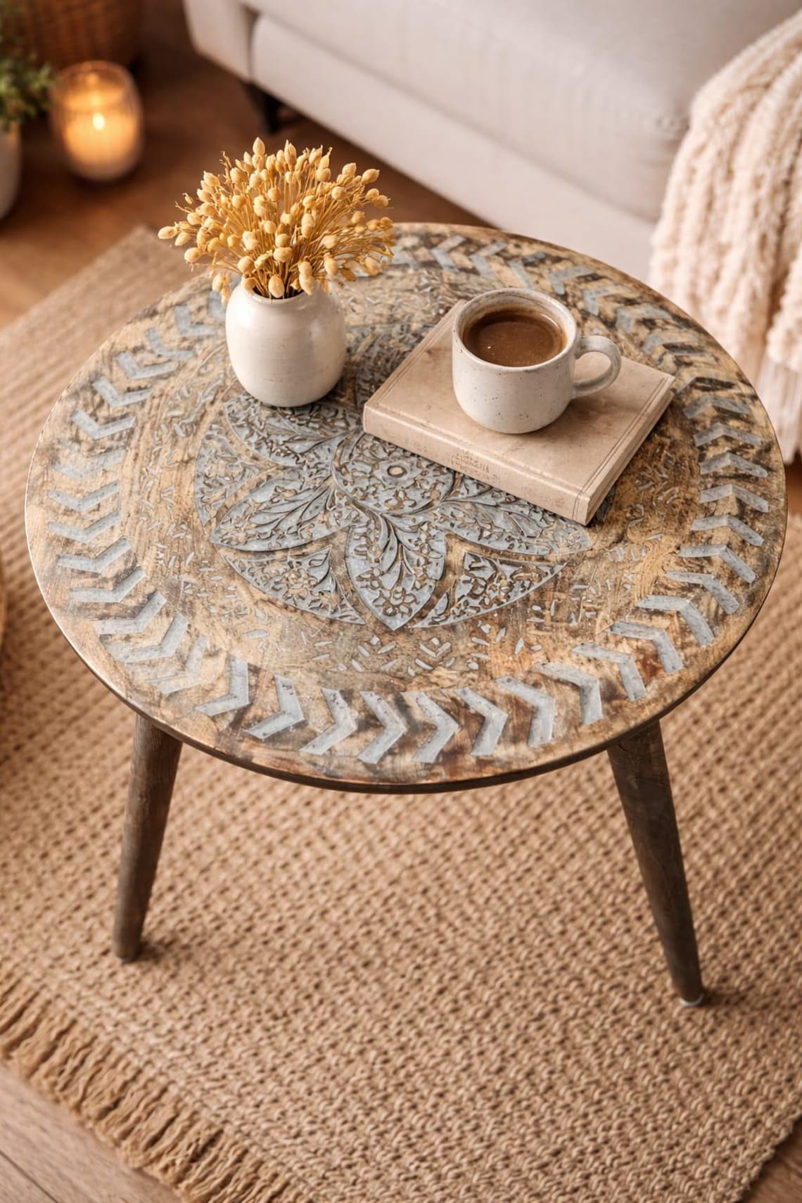 Hand Carved Wooden Coffee Table, Round Boho Rustic Accent Table