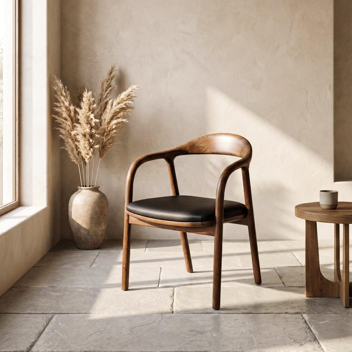 Walnut Dining Chairs Black Leather Cushion Mid Century Modern Office & Living Room Seating
