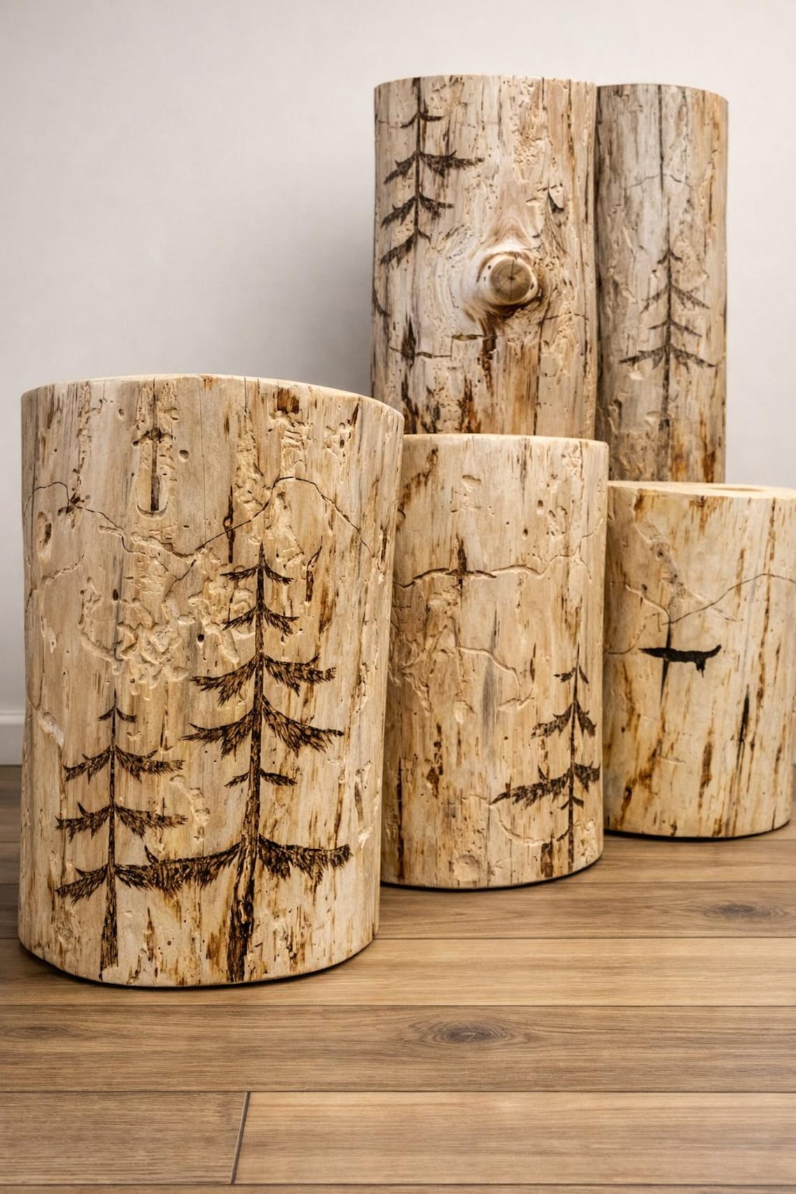 Woodland Scene Stump End Table, Hand-Burned Wood Plant Stand, Rustic Lodge Décor