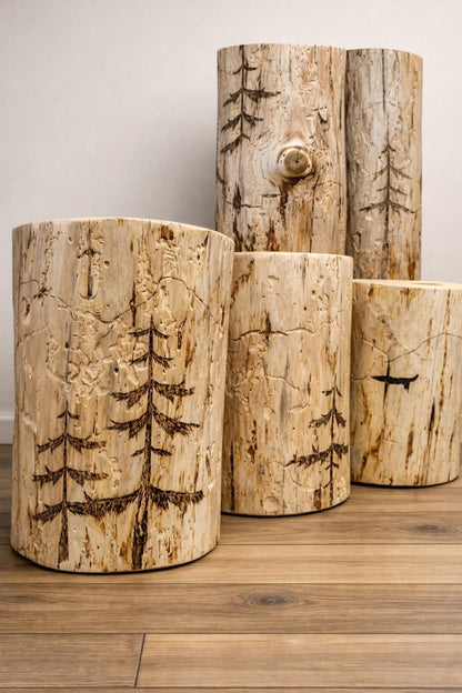 Woodland Scene Stump End Table, Hand-Burned Wood Plant Stand, Rustic Lodge Décor