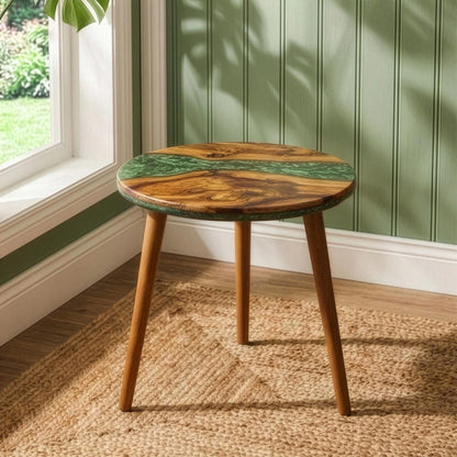 Round Live Edge Epoxy Coffee Table Walnut Side Table Mid Century Modern End Table with Wooden Legs Handmade