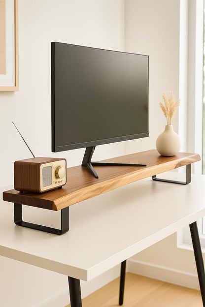 Handcrafted Walnut Monitor Riser with Live Edge, Modern Desk Shelf with Steel Legs, Ergonomic Computer Stand for Home Office Decor