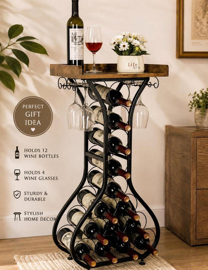 Freestanding Wine Rack Bar Table, Liquor Cabinet with Glass Holder