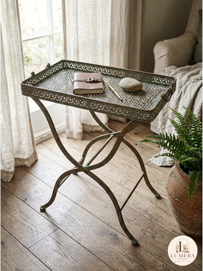 Green Patina Iron Garden Table – Floral Coffee Table, Home Decor