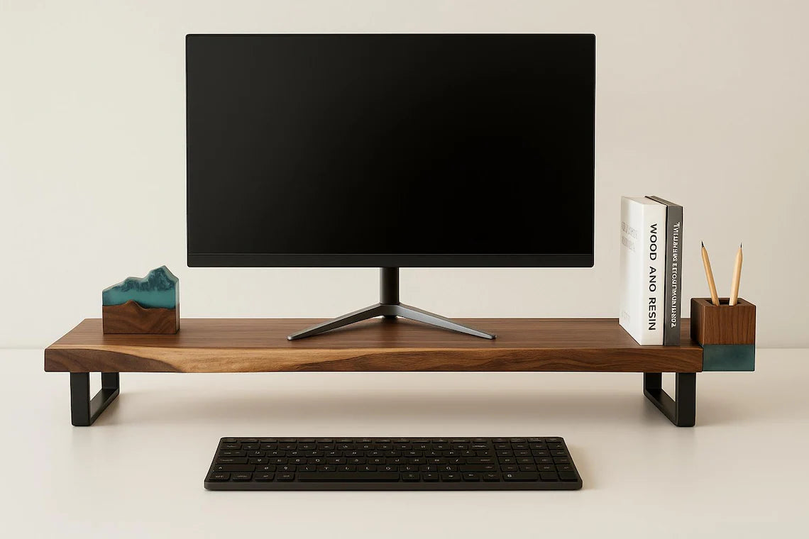 Handcrafted Walnut Monitor Riser with Live Edge, Modern Desk Shelf with Steel Legs, Ergonomic Computer Stand for Home Office Decor