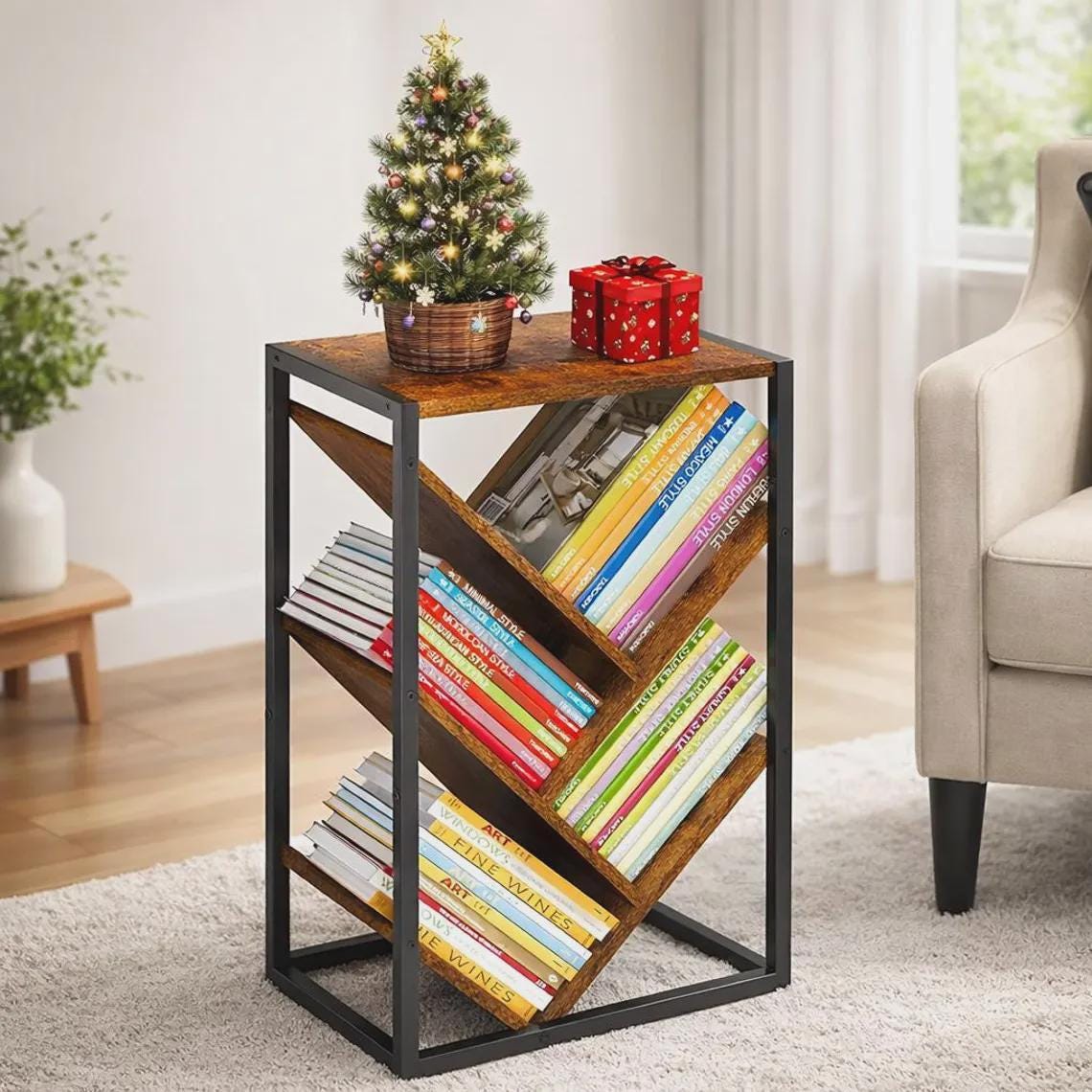 5 Tier Tree Bookshelf, Wooden Bookcase for Small Spaces
