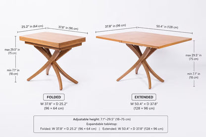 Solid Beech Wood Dining Table, Adjustable Height, Lift-Top (Expandable Size)