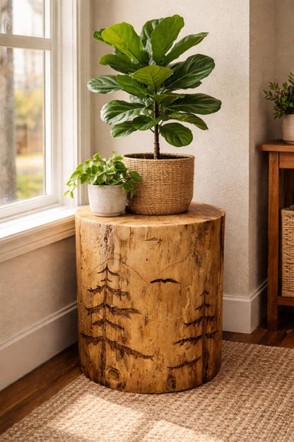 Woodland Scene Stump End Table, Hand-Burned Wood Plant Stand, Rustic Lodge Décor