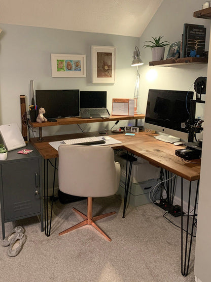 Wooden Corner Desk - L Shape Desk - Optional Monitor Stand & Keyboard Tray - Hairpin or Square Industrial Legs - Custom Sizes Available