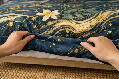 Celestial Botanical Duvet Cover Set – Dark Academia Navy Gold Bedding