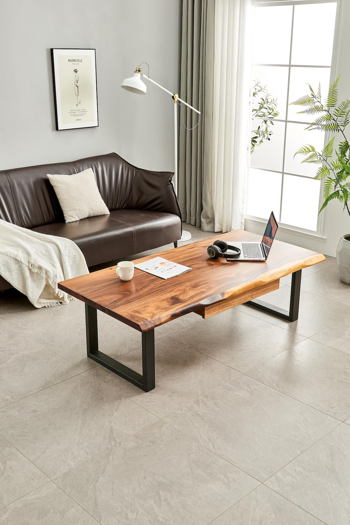 Live Edge South American Walnut Coffee Table - Modern Industrial Design