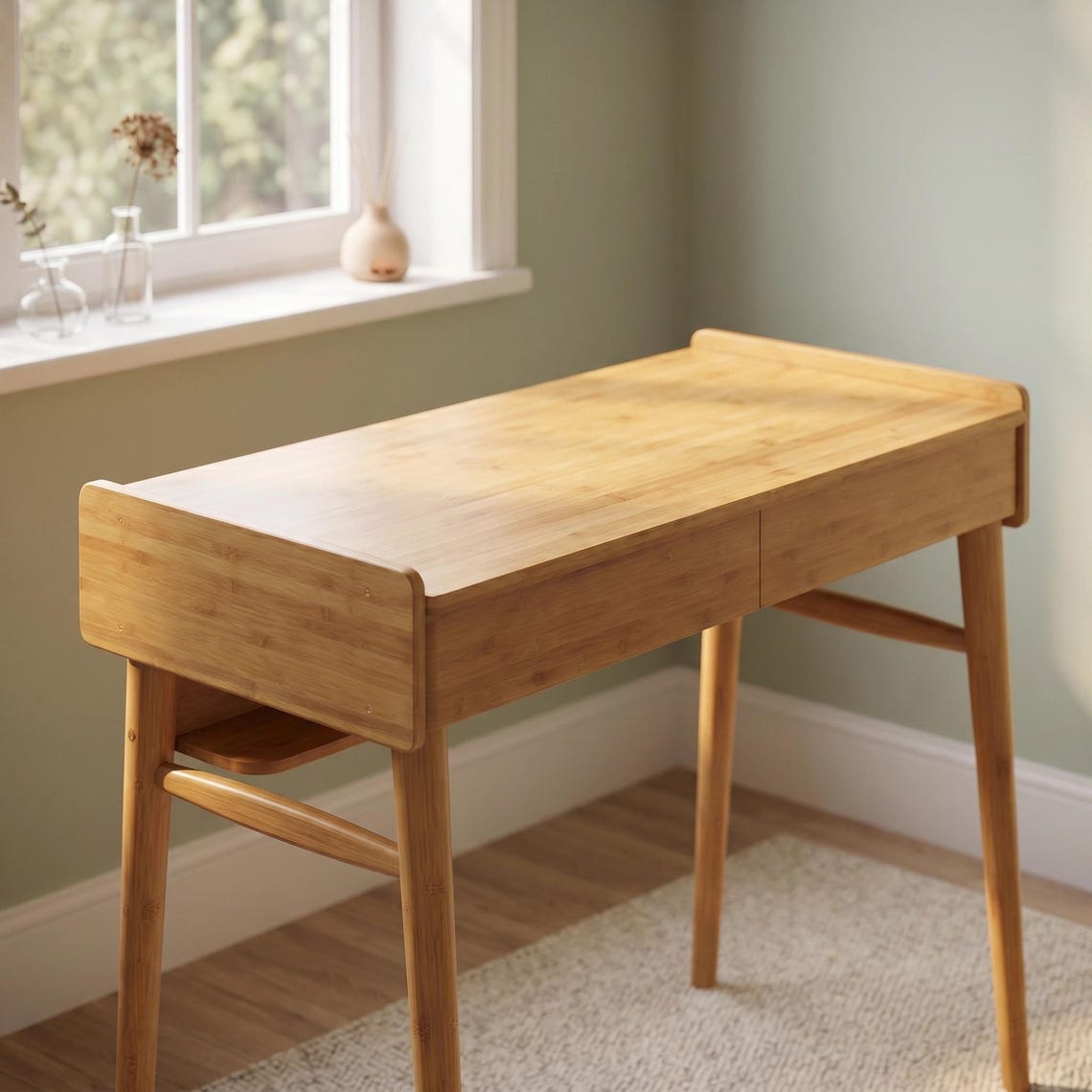 Mid-Century Modern Bamboo Computer Desk with Storage & Cable Management