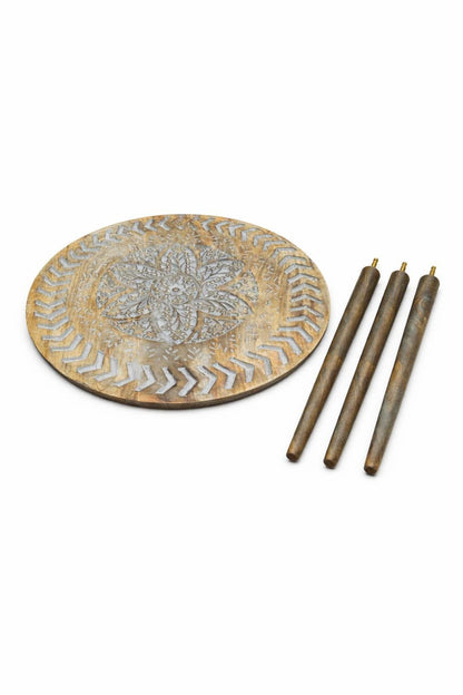 Hand Carved Wooden Coffee Table, Round Boho Rustic Accent Table