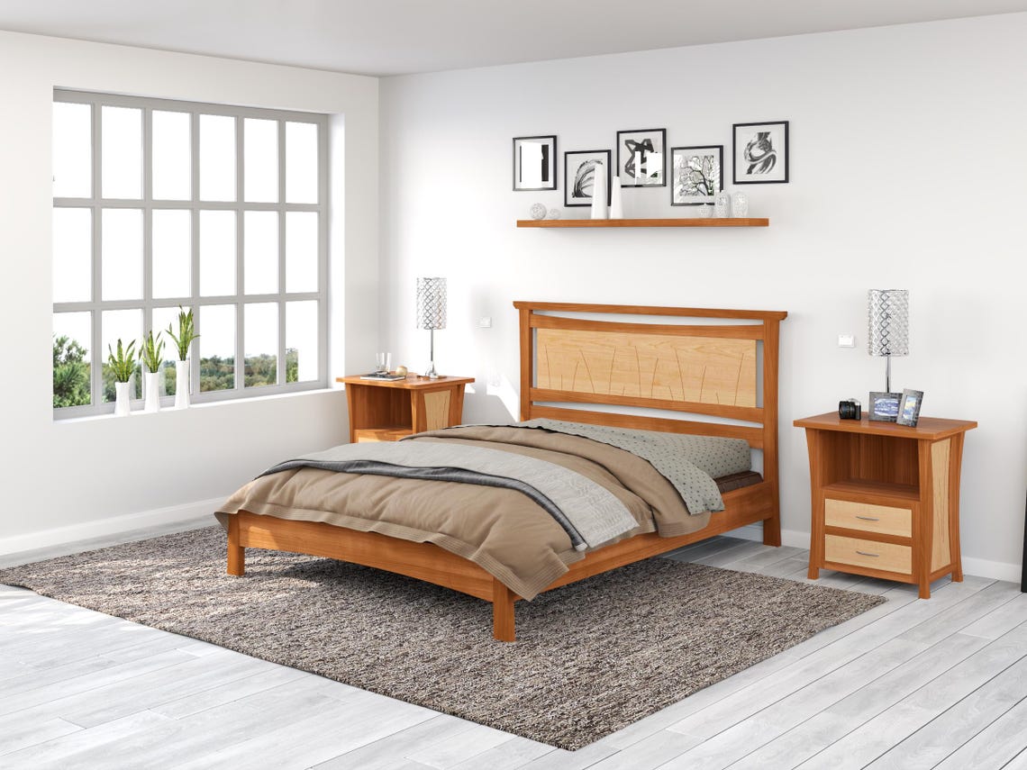 Solid Wood Platform Bed with Slatted Headboard - Coastal "Seaside Bed"