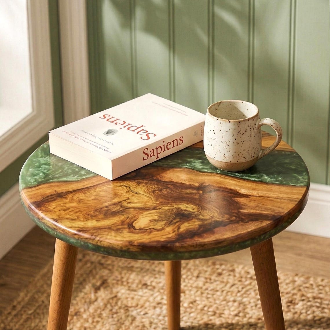 Round Live Edge Epoxy Coffee Table Walnut Side Table Mid Century Modern End Table with Wooden Legs Handmade