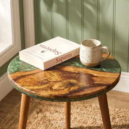 Round Live Edge Epoxy Coffee Table Walnut Side Table Mid Century Modern End Table with Wooden Legs Handmade