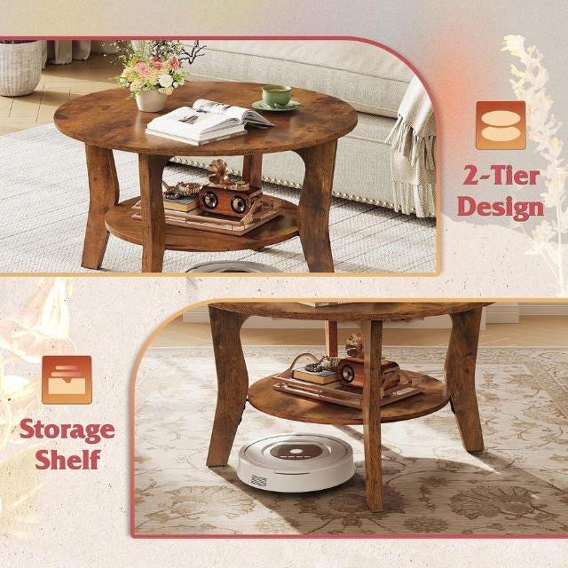 Rustic Round Coffee Table | 2 Tier Wood Living Room Table