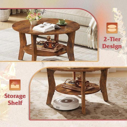 Rustic Round Coffee Table | 2 Tier Wood Living Room Table
