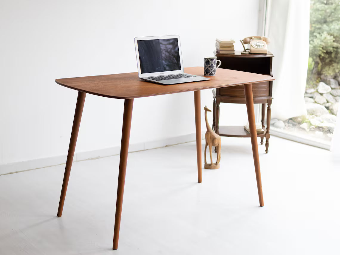 Rounded Oval Office Desk Table, Minimalist Walnut Wood Home Desk, Small Standing Desk, Mid Century Modern Writing Desk