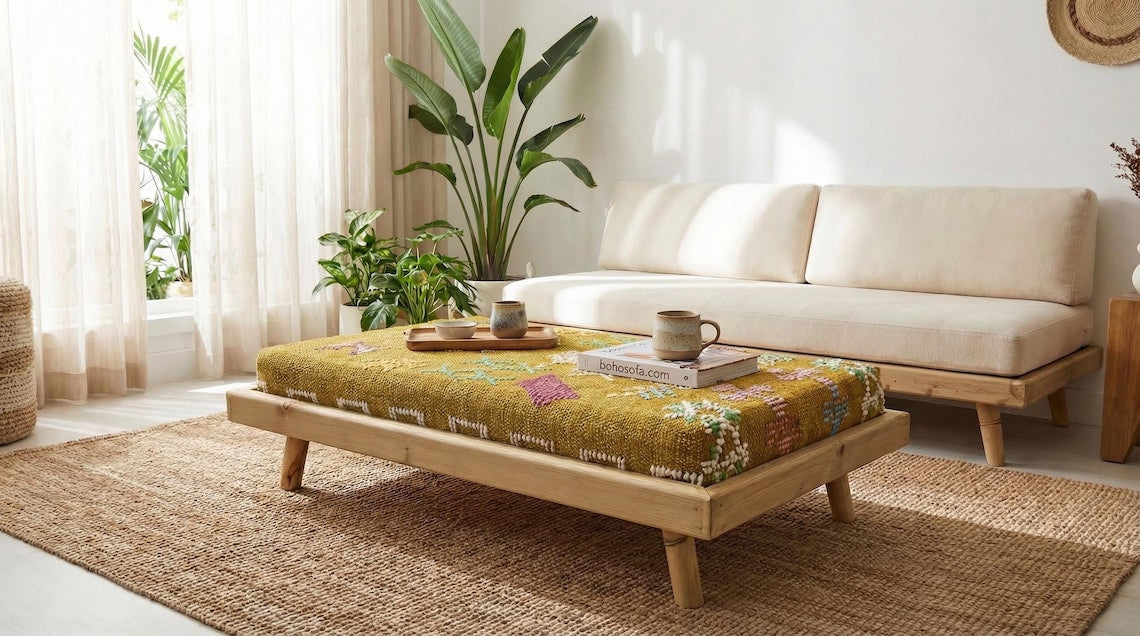 Green Moroccan Modular Bench & Coffee Table Geometric Kilim Fabric on Rustic Natural Wood Base with Cylindrical Legs more color choose
