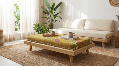Green Moroccan Modular Bench & Coffee Table Geometric Kilim Fabric on Rustic Natural Wood Base with Cylindrical Legs more color choose