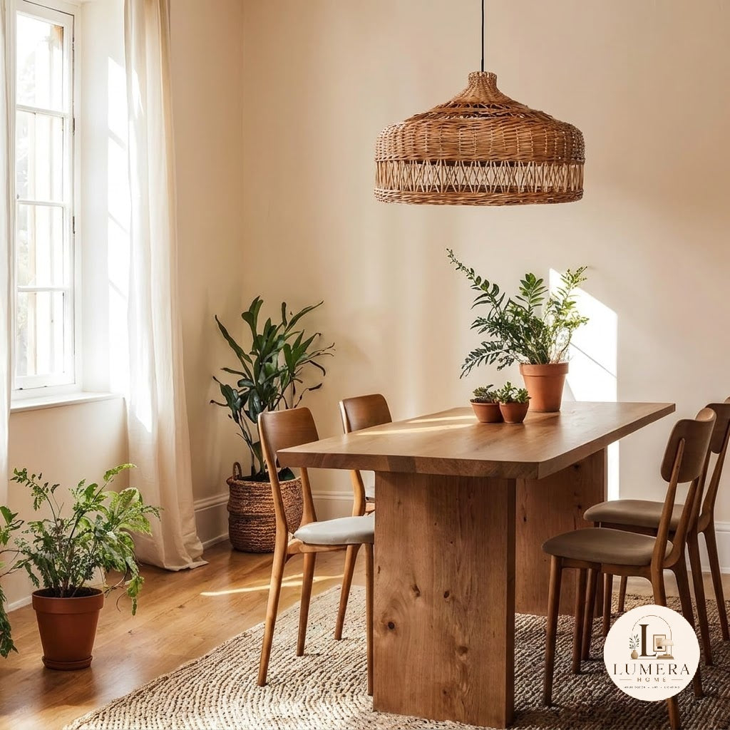 Natural Rattan Pendant Light with Round Wicker Shade