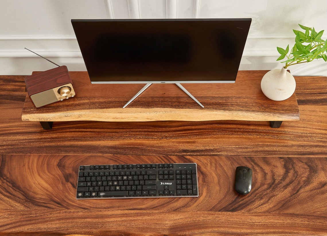 Walnut Monitor Stand: Solid Wood Desk Shelf with Steel Legs