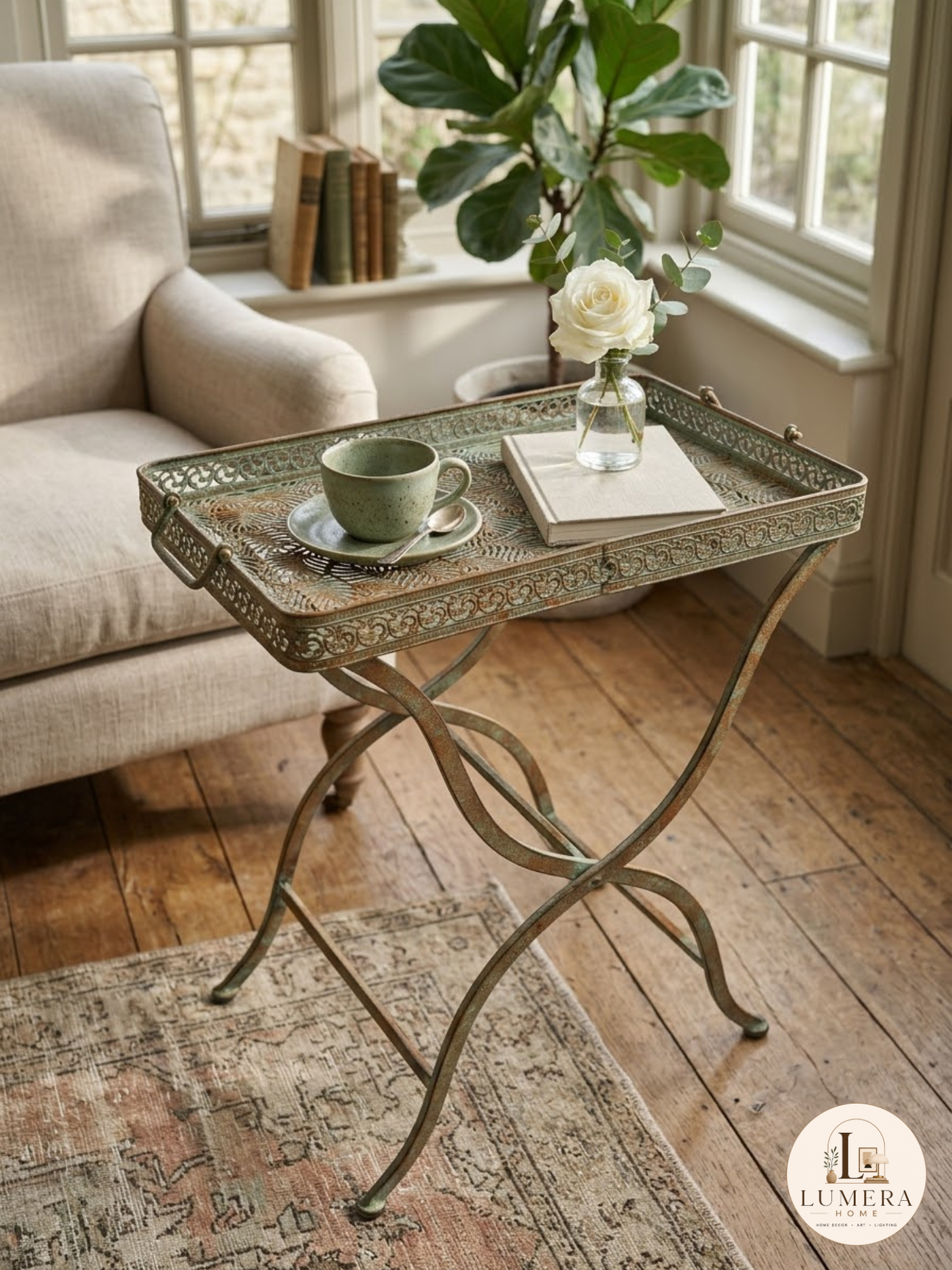 Green Patina Iron Garden Table – Floral Coffee Table, Home Decor
