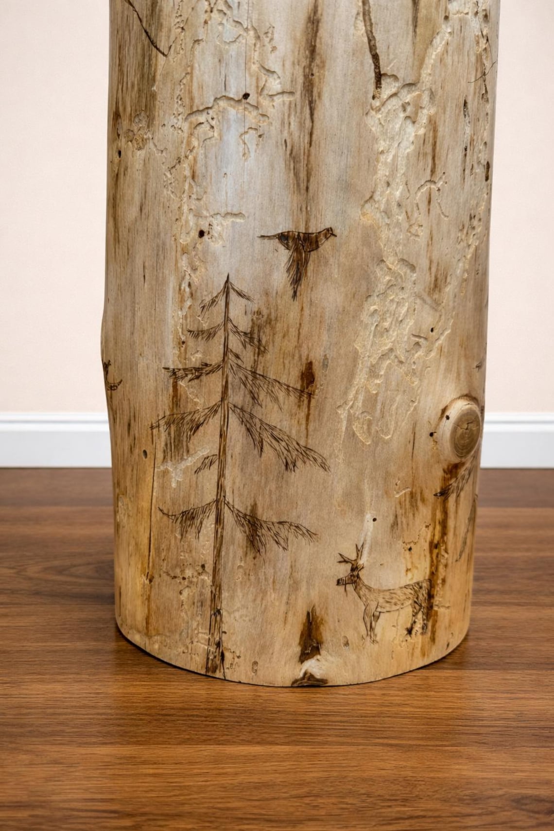 Woodland Scene Stump End Table, Hand-Burned Wood Plant Stand, Rustic Lodge Décor