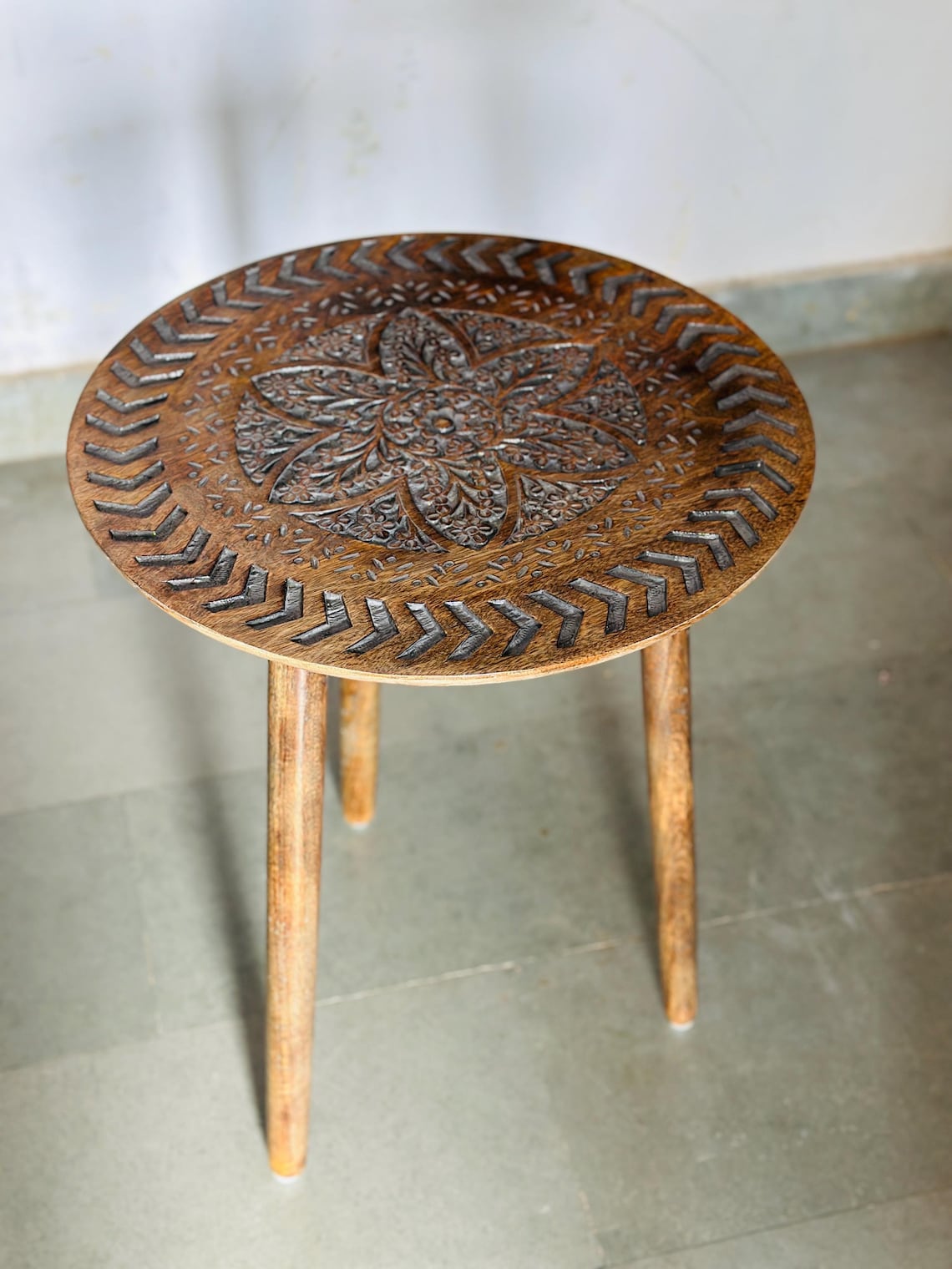 Hand Carved Wooden Coffee Table, Round Boho Rustic Accent Table