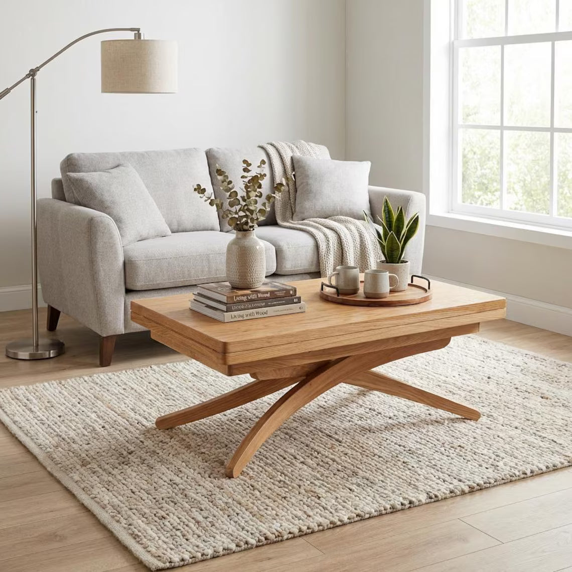 Solid Beech Wood Dining Table, Adjustable Height, Lift-Top (Expandable Size)