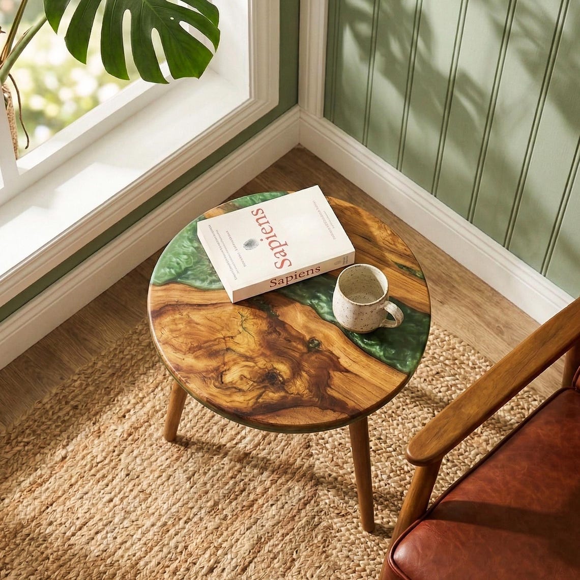 Round Live Edge Epoxy Coffee Table Walnut Side Table Mid Century Modern End Table with Wooden Legs Handmade