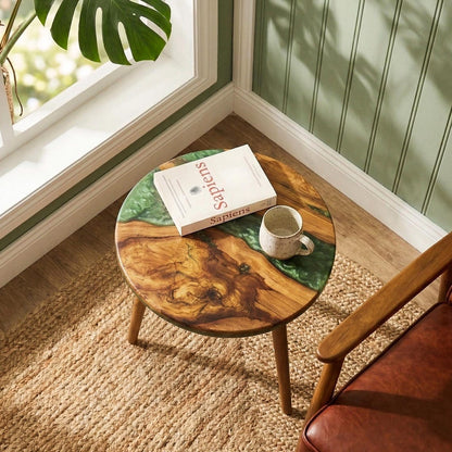 Round Live Edge Epoxy Coffee Table Walnut Side Table Mid Century Modern End Table with Wooden Legs Handmade