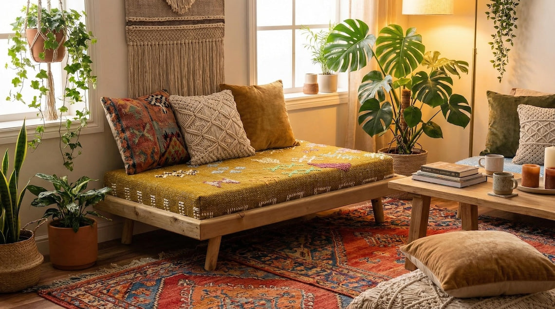 Green Moroccan Modular Bench & Coffee Table Geometric Kilim Fabric on Rustic Natural Wood Base with Cylindrical Legs more color choose