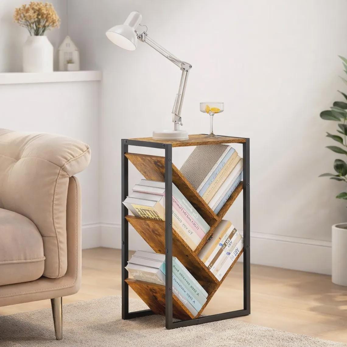 5 Tier Tree Bookshelf, Wooden Bookcase for Small Spaces