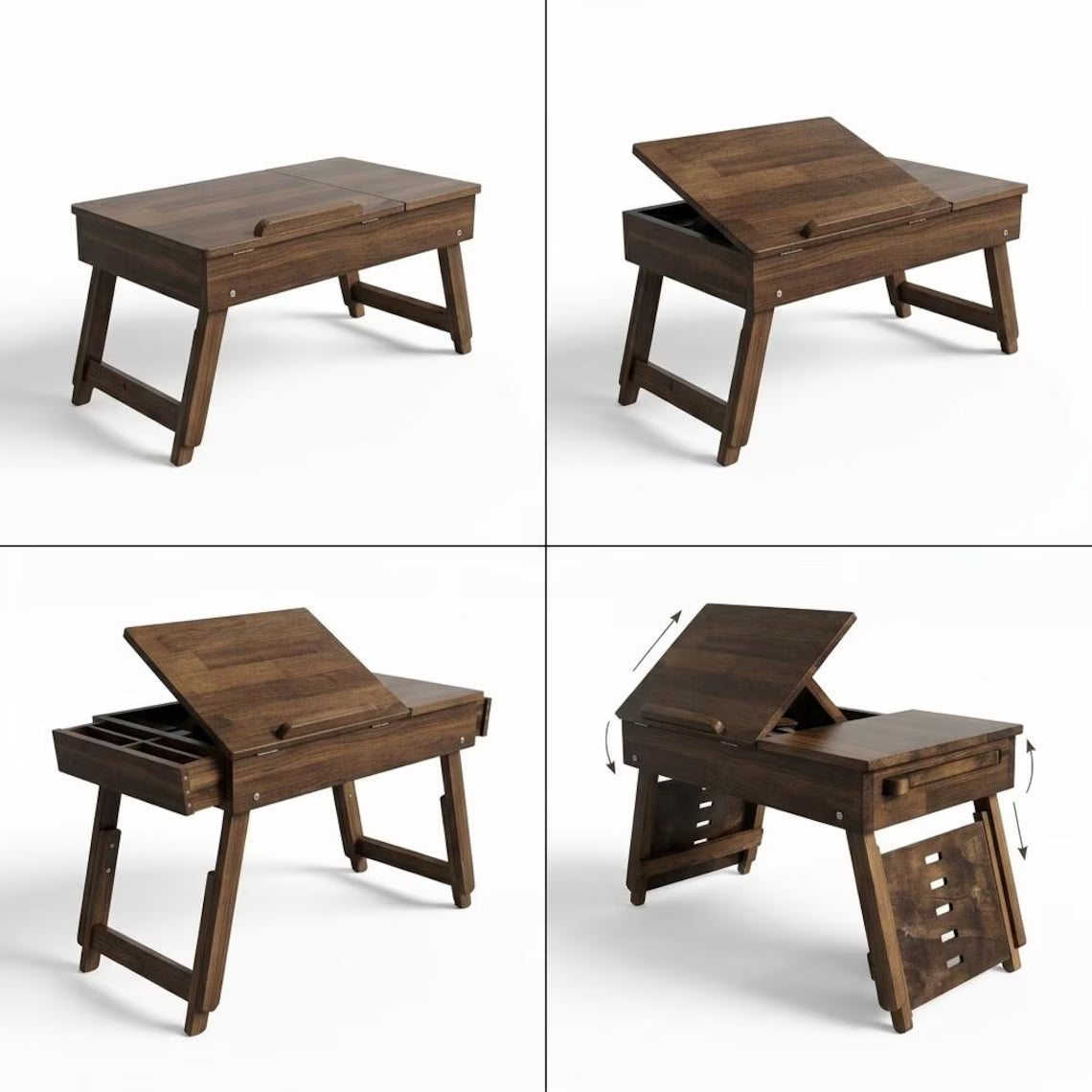 Lap Desk, Adjustable Wooden with Drawers, Portable Bed Reading Table, Ergonomic Laptop Stand, Wood