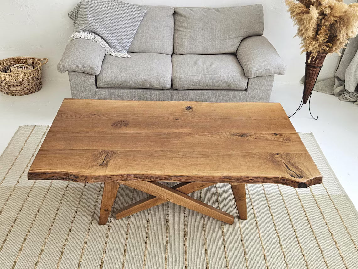2-in-1 Solid Oak Live Edge Transformer Table – Coffee to Dining Table – Adjustable Height – Natural Wood – Handmade Convertible Table