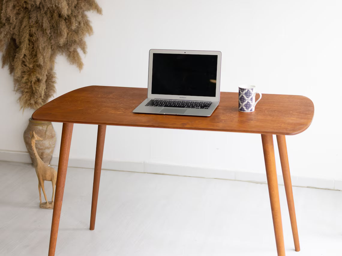 Rounded Oval Office Desk Table, Minimalist Walnut Wood Home Desk, Small Standing Desk, Mid Century Modern Writing Desk