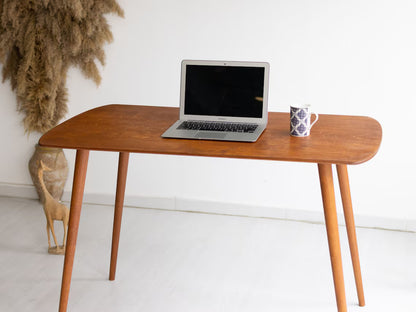 Rounded Oval Office Desk Table, Minimalist Walnut Wood Home Desk, Small Standing Desk, Mid Century Modern Writing Desk